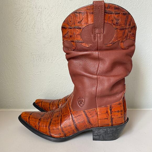 Ariat Orange Brown Exotic Fashion Cowboy Boots Croc Embossed Slouch Size 7.5 B - Picture 1 of 16